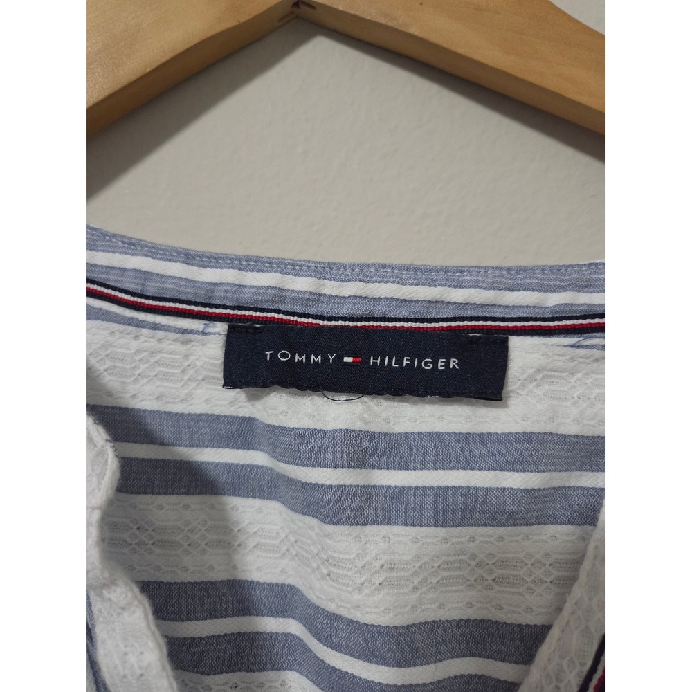 Tommy Hilfiger Blue White Striped Eyelet Lace Henley Long Sleeve Blouse Top - Picture 4 of 13